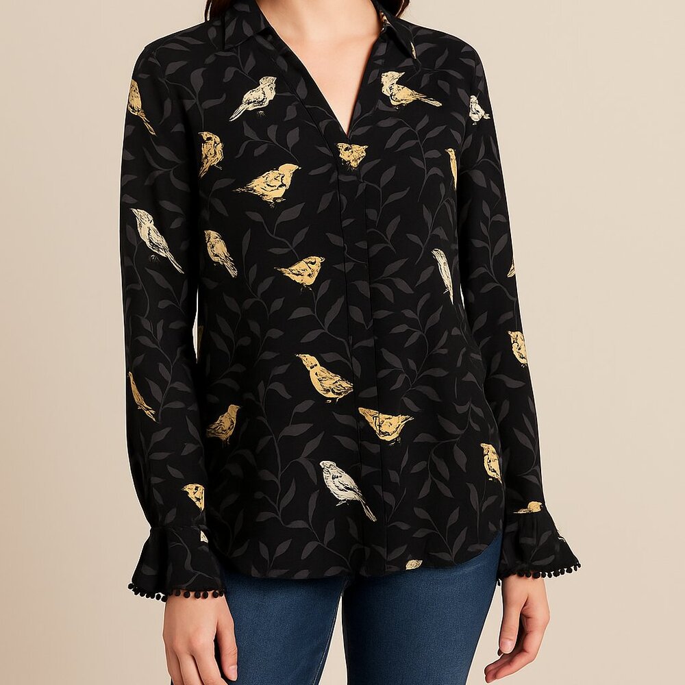 Charter Club Bird Print Blouse XL Bell Sleeve Pom Pom Trim Black Button Top Boho